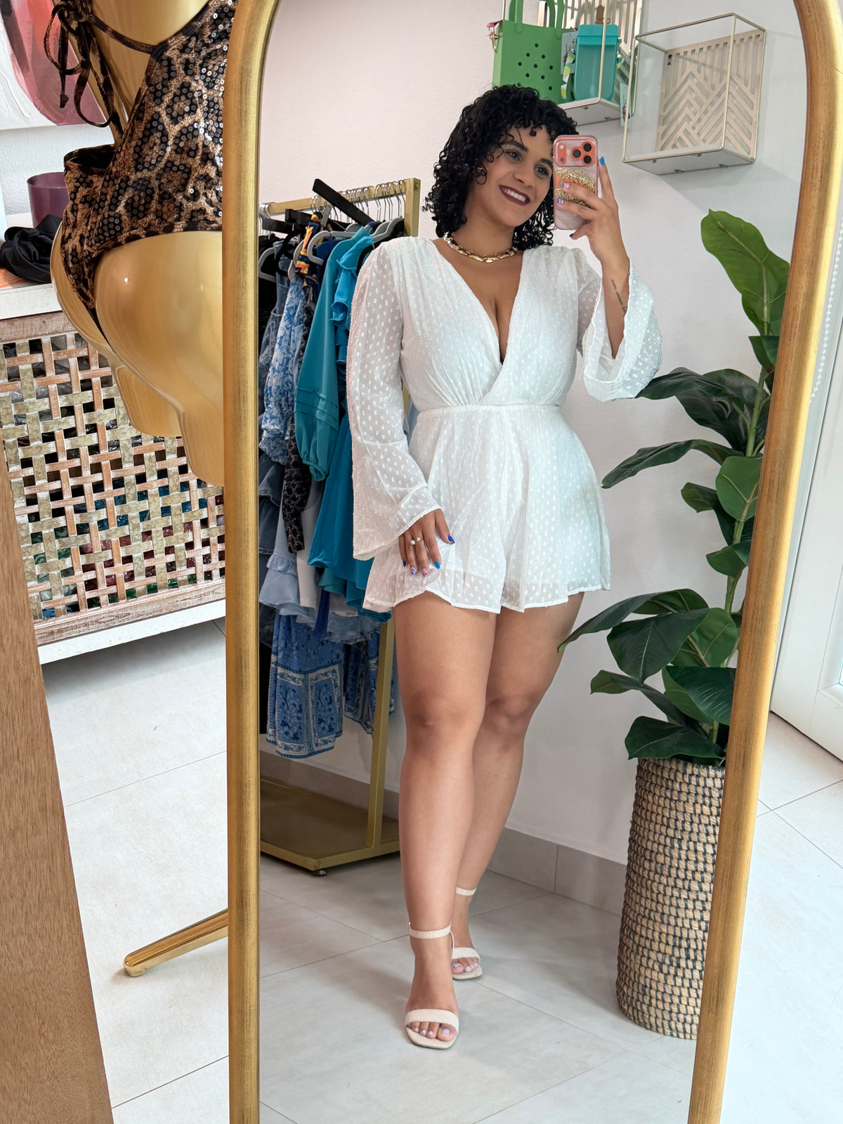 White Long Sleve Romper w/ Gold Details