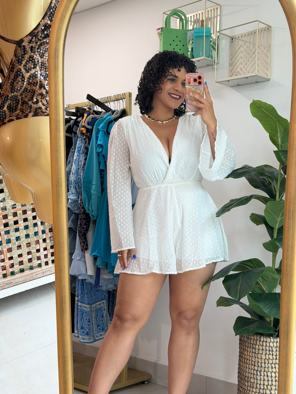White Long Sleve Romper w/ Gold Details