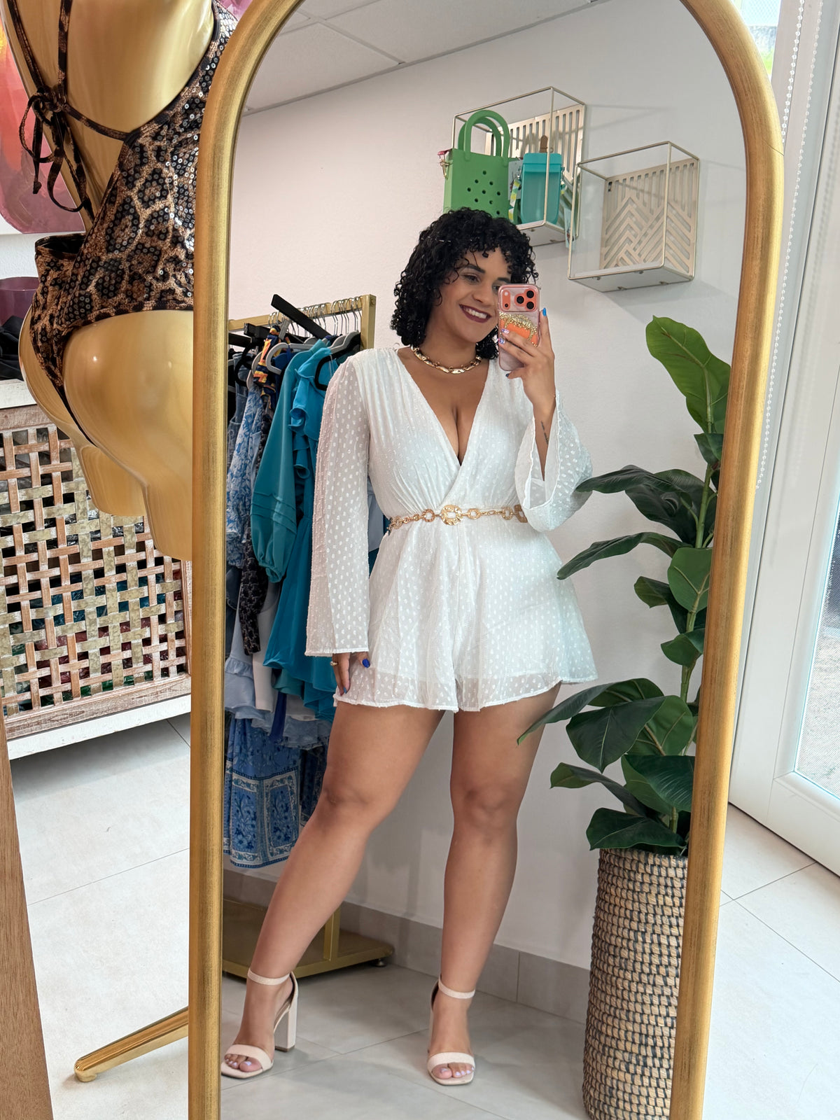 White Long Sleve Romper w/ Gold Details