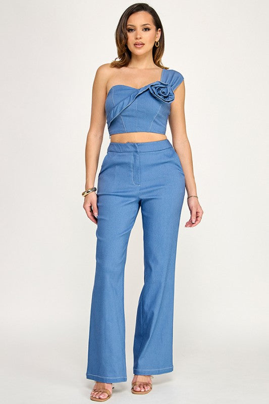 Denim Flower Pant Set