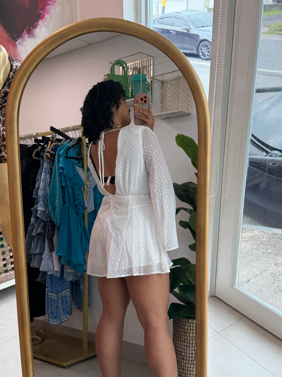 White Long Sleve Romper w/ Gold Details