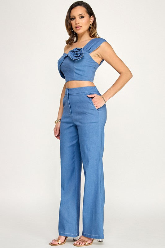 Denim Flower Pant Set