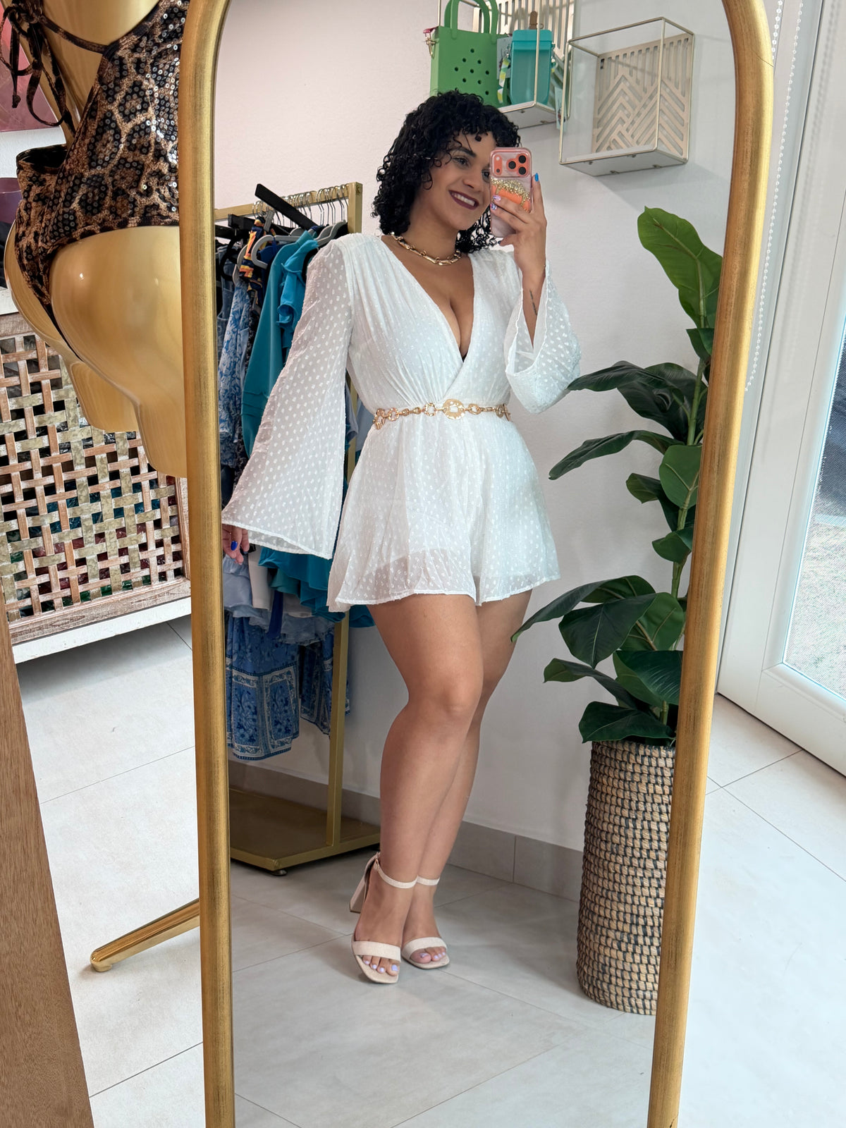 White Long Sleve Romper w/ Gold Details