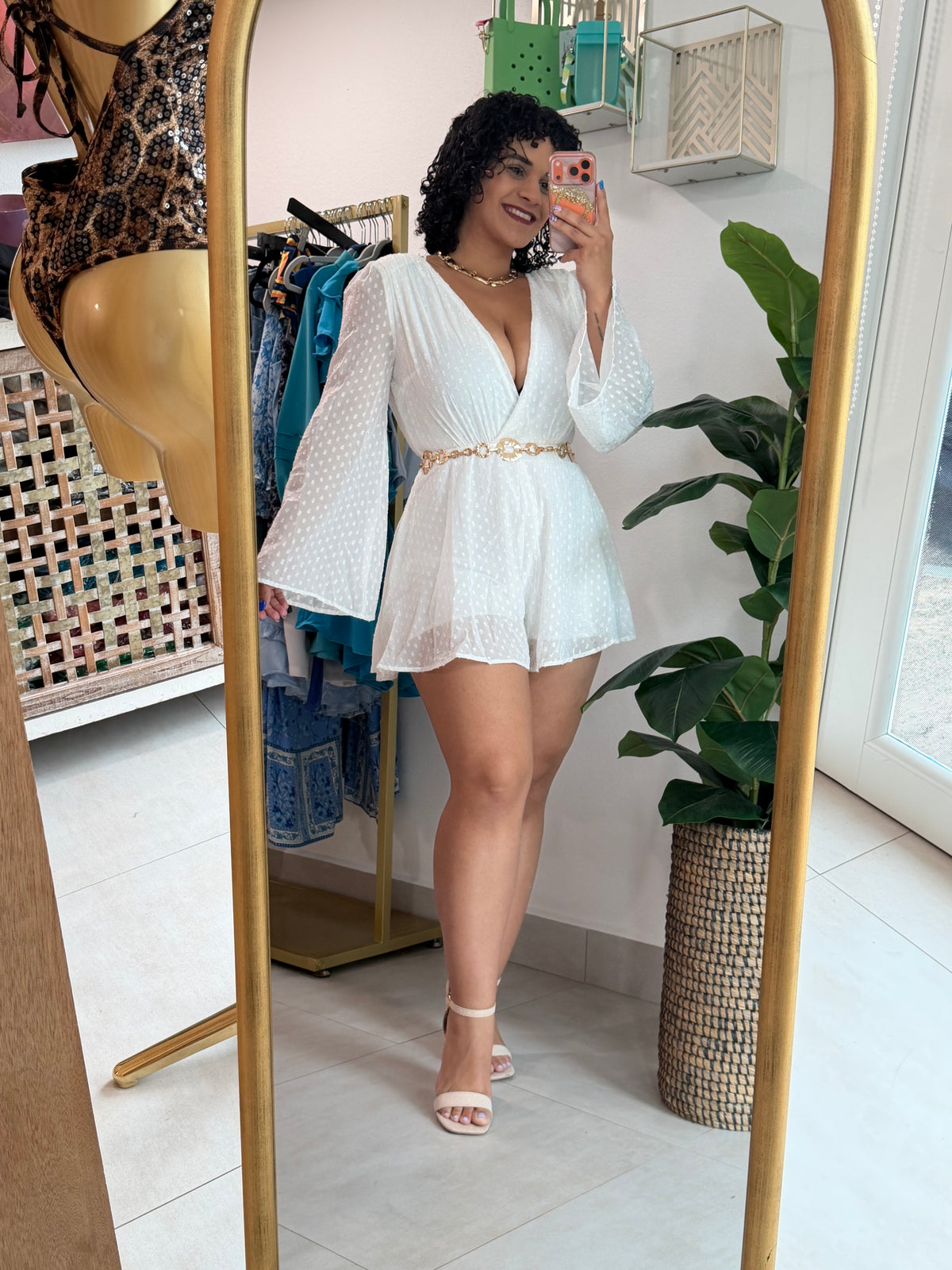 White Long Sleve Romper w/ Gold Details